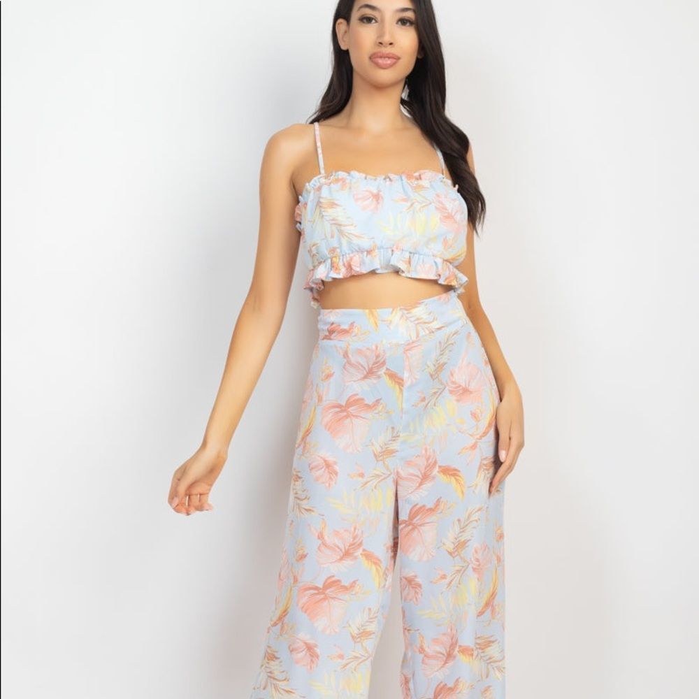 Tropical Ruffled Cut-Out Top & Pants Set